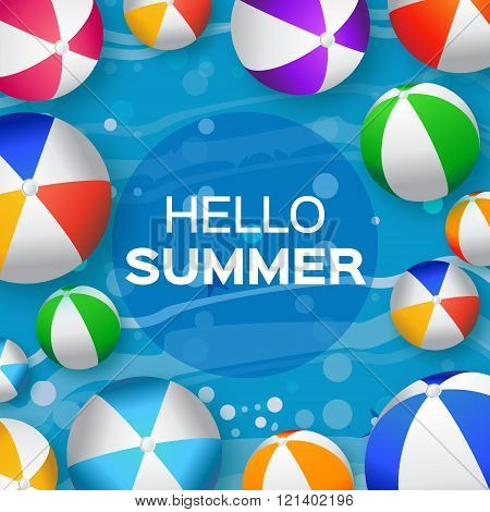 Realistic Colorful Beach Balls - Rubber or Plastic Material. Background with Hello Summer Title and Circle Frame in center. Vector Illustration