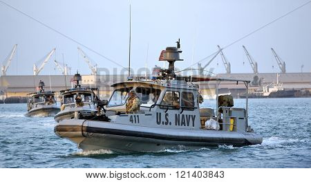 GULF OF ADEN, DJIBOUTI FEBRUARY 06, 2016: US NAVY inshore security patrolling in port of Djibouti
