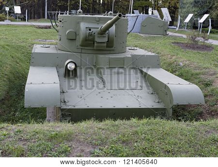 MOSCOW RUSSIA- OCTOBER 7- ?- 46-1- Convertible flame thrower light tank (USSR)1936. Weight t-172 in the Central Museum of the Great Patriotic War on October 7; 2015 in Mosco