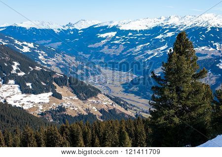 Mayrhofen valley in the spring with snow on the mountains peaks