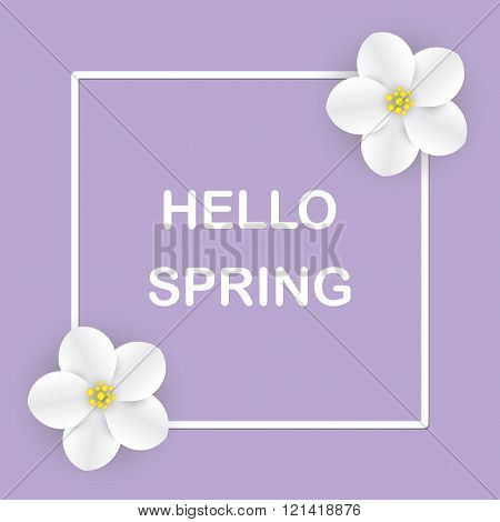 Hello Spring. Spring background with frame and flowers of apple. Spring lilac background.