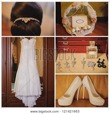 Bride's morning. Wedding accessories on wooden background.