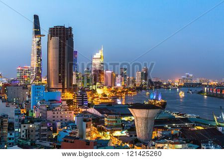 HO CHI MINH CITY, VIETNAM - CIRCA JAN, 2016: Top view of Saigon River at night time. Saigon River (the length of 256 kilometers) is most important to Ho Chi Minh City as it is the main water supply.