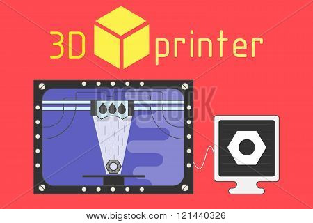 3d printer flat style on colored background