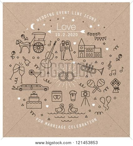 WEDDING LINE ART ICONS COLLECTION. Can be used for wedding invitation design, cards, websites and more... Editable vector illustration file.