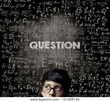 Question. Half Face Genius Boy Thinking Wearing Glasses Chalkboard