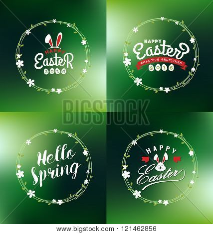 Easter and Spring seasonal decorative ornaments design with typography lettering and foral wreath. Vector illustration