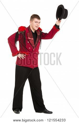 Emotional Entertainer In Red Suit And Silk Hat