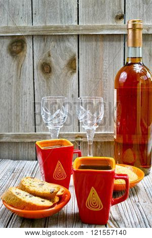 Dessert Sweet Liqueur Wine, Two Cups With Espresso Coffee And Amandel Cantuccini