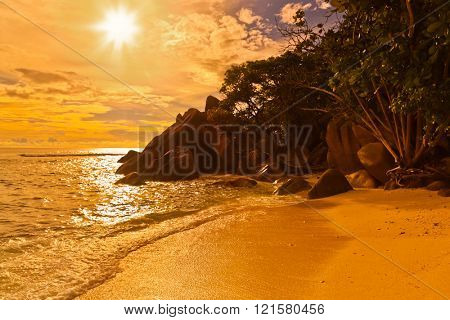 Seychelles tropical beach at sunset - nature background