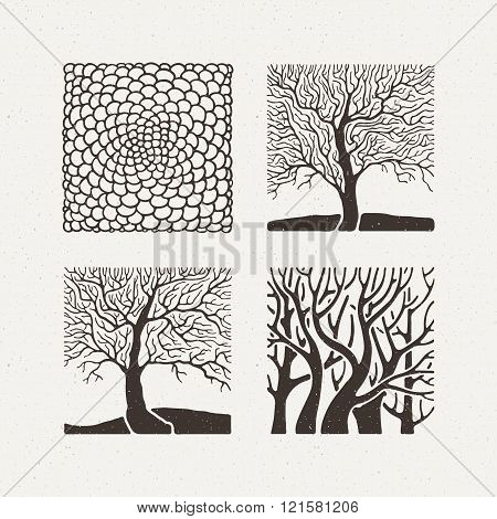 Square trees set. Vector illustration. Pattern geometric figure.