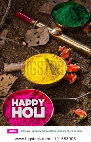 happy holi greeting card, holi wishes, greeting card of indian festival of colours called holi