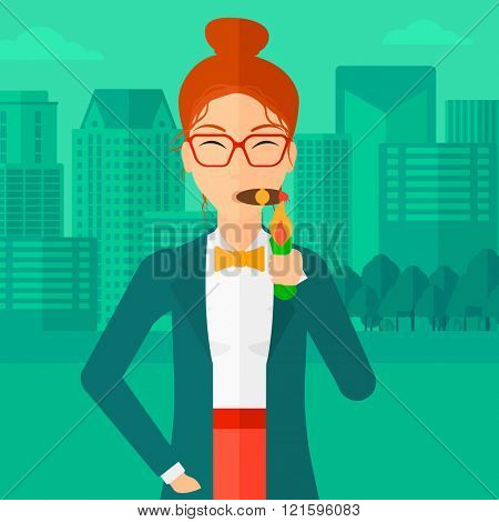 Woman smoking cigar.
