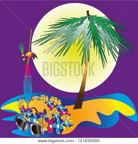 Drawing vacation on the island with a cocktail in the middle of the water, one palm wreath of colorful flowers on a purple background