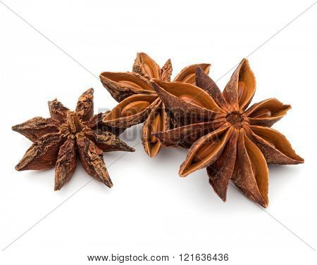 Star anise spice fruits and seeds isolated on white background closeup