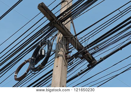 Messy power lines on electric pole with clear sky