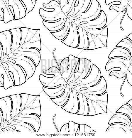 Black and white graphic tropical leaves seamless pattern. Palm tree background. Textile, fabric, texture, poster. Vector illustration