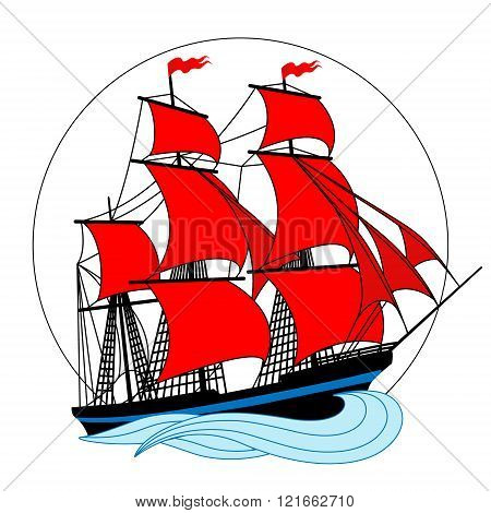 Sailing ship with white sails in a circle. Vector illustration
