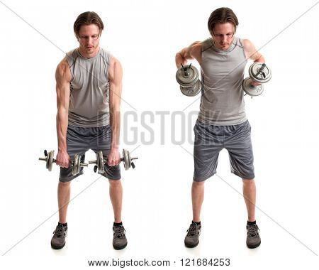 Bent-over row exercise. Studio shot over white.