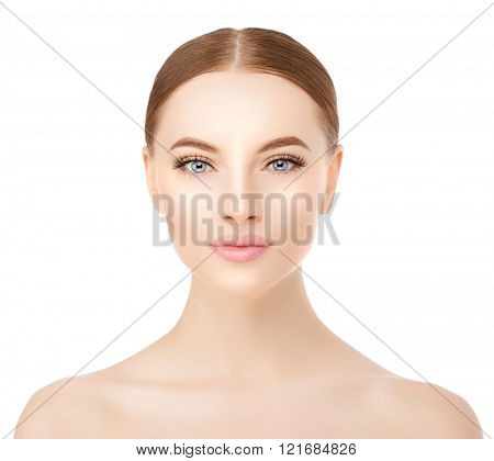 Beautiful woman face close up studio on white. Beauty spa model female with clean fresh perfect  skin closeup. Youth fresh skin care concept. Portrait of girl looking at camera, smiling. Cosmetology.