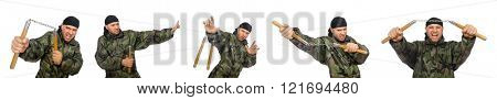 Young man with nunchaks isolated on white