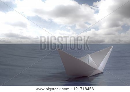 Paper boat floating in the sea with sky and clouds.