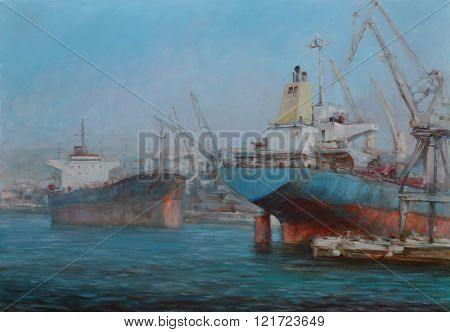 Tanker ships, classic handmade oil painting on canvas