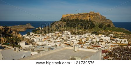 Beautiful landscape with Lindos town on the slope of a hill