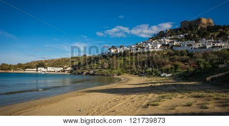 Beautiful landscape with Lindos town on the slope of a hill