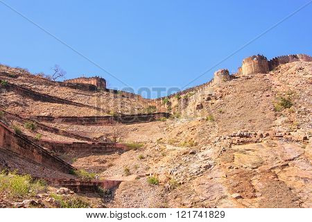 Winding road leading to Nahargarh Fort in Jaipur, Rajasthan, India. The fort was constructed as a pl
