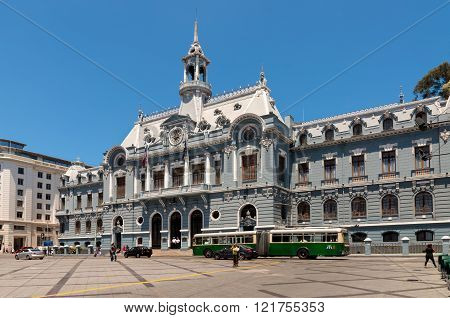 Valparaiso, Chile - December 3, 2012: Spectacular Navy Building in Plaza de Armas Valparaiso, Chile. The building is located in a huge square near by Pacific Ocean.