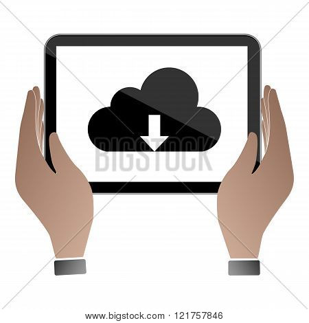 Hands hold and touch tablet PC