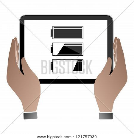 Hands hold and touch tablet PC