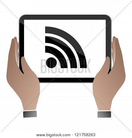 Hands hold and touch tablet PC