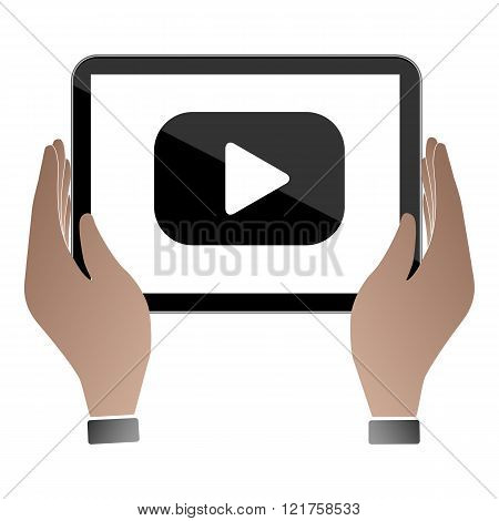 Hands hold and touch tablet PC