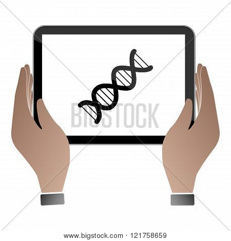 Hands hold and touch tablet PC