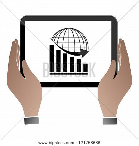 Hands hold and touch tablet PC