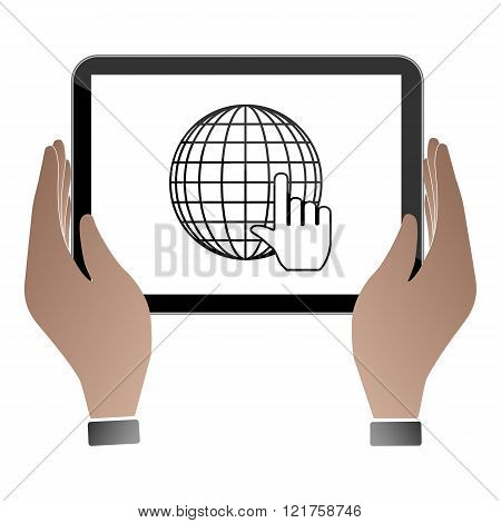 Hands hold and touch tablet PC