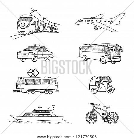 Passenger transport . Doodle set. Isolated on a white background.