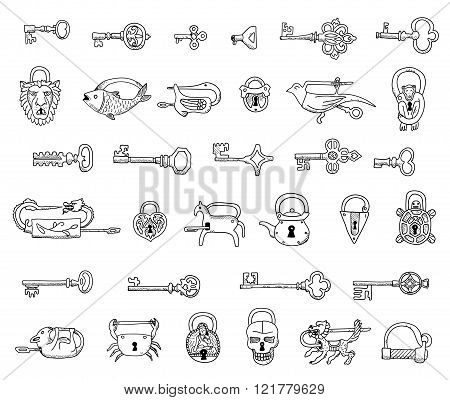 Set of vintage locks and keys in vector.  Doodles. Isolated  on a white background.