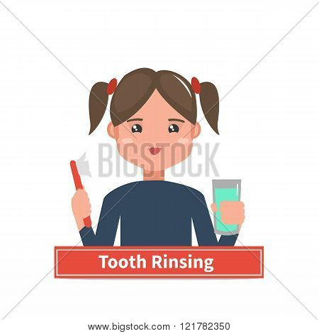 Vector illustration. Little girl rinsing her tooth. Child brushing teeth.