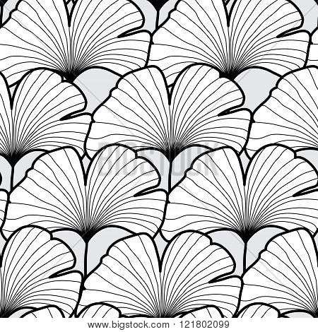 Seamless black and white gingko leaf pattern. Vector illustratio