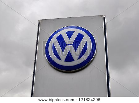 MOSCOW RUSSIA - OCTOBER 10 2015: Logotype of Volkswagen corporation on October 10 2015. Volkswagen is the German automotive manufacturer.