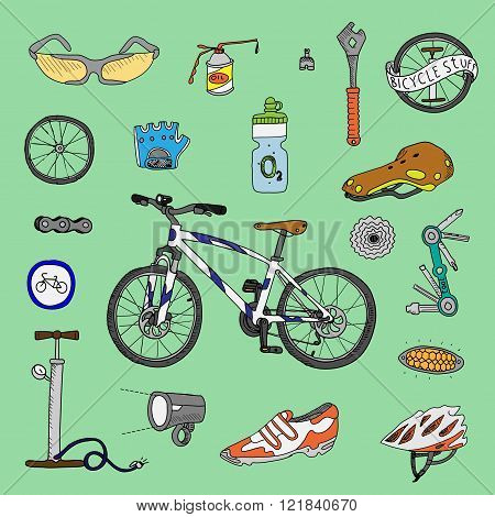 Bicycle stuff. Doodle set on a green background.