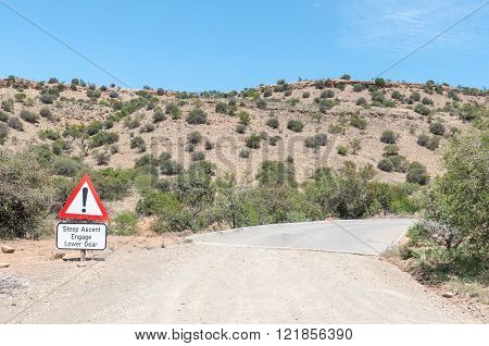 A steep ascend warning on the link road in the Mountain Zebra National Park near Cradock in South Africa
