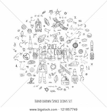 Hand drawn doodle Space and Cosmos set Vector illustration Universe icons Space concept elements Rocket Space ship symbols collection Solar system Planets Galaxy Milky Way Astronaut Tech freehand icon