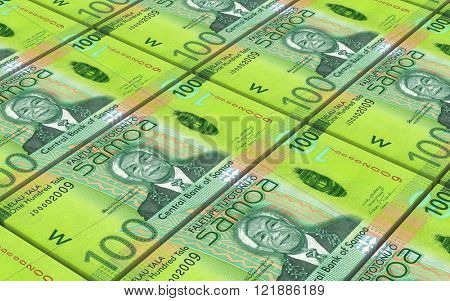 Samoan tala bills stacks background. Computer generated 3D photo rendering