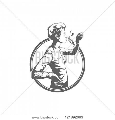 Chef Woman Testing Food Logo Vector Illustration. Chef Silhouette Isolated On White Background. Vector object for Labels and Badges, Logos Design. Restaurant Logo, Chef Logo, Hat Symbol.