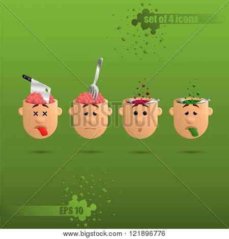 four heads with open brain, two stick a knife and fork in the other cooks soup with ladle