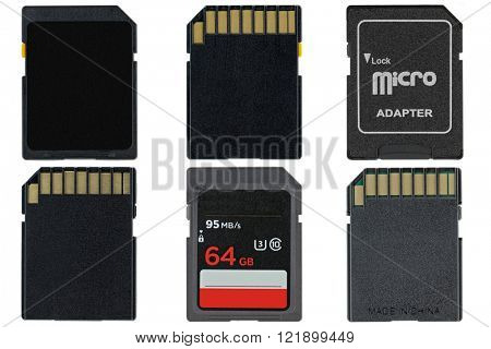 Different types of removable flash memory cards and Micro SD Adapter isolated on white